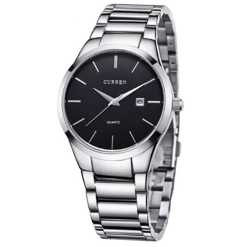 Men's analog quartz wristwatch with date display, 40mm dial, Hardlex crystal, black dial with silver bezel