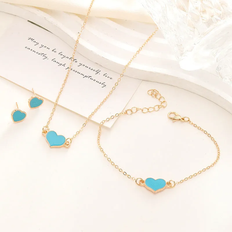 Heart love jewellery set for women alloy electroplated necklace 51cm bracelet 23cm ring earrings