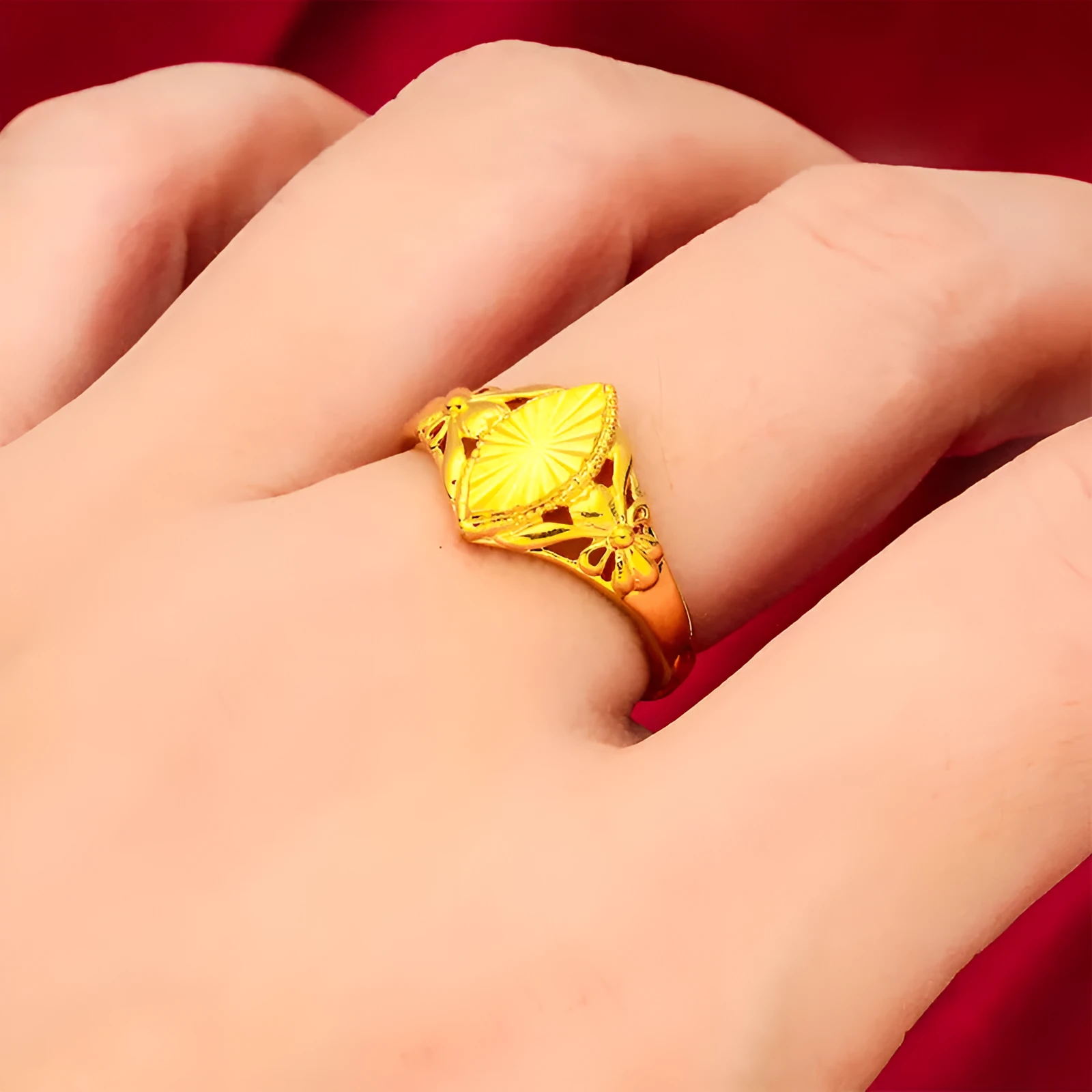 Geometric open flower ring with gold electroplated finish and textured brass surface