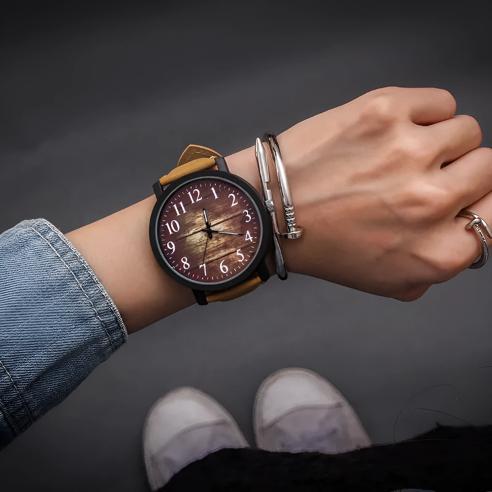 Women's quartz watch with large 42mm round dial, imitation leather strap, and pin buckle in Rubik's Cube Black colour
