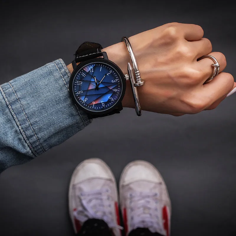 Women's quartz watch with large 42mm round dial, imitation leather strap, and pin buckle in Rubik's Cube Black colour