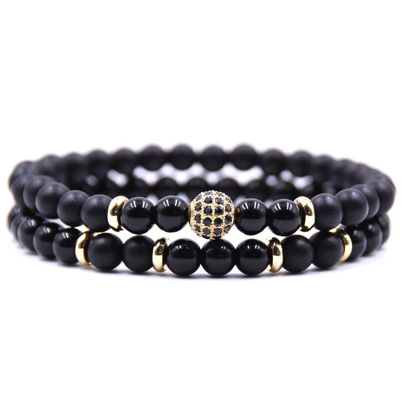 Adjustable beaded cord men bracelet set in multiple colours: black, blue, brown, gray, tigereye, volcanic rocks, white dot