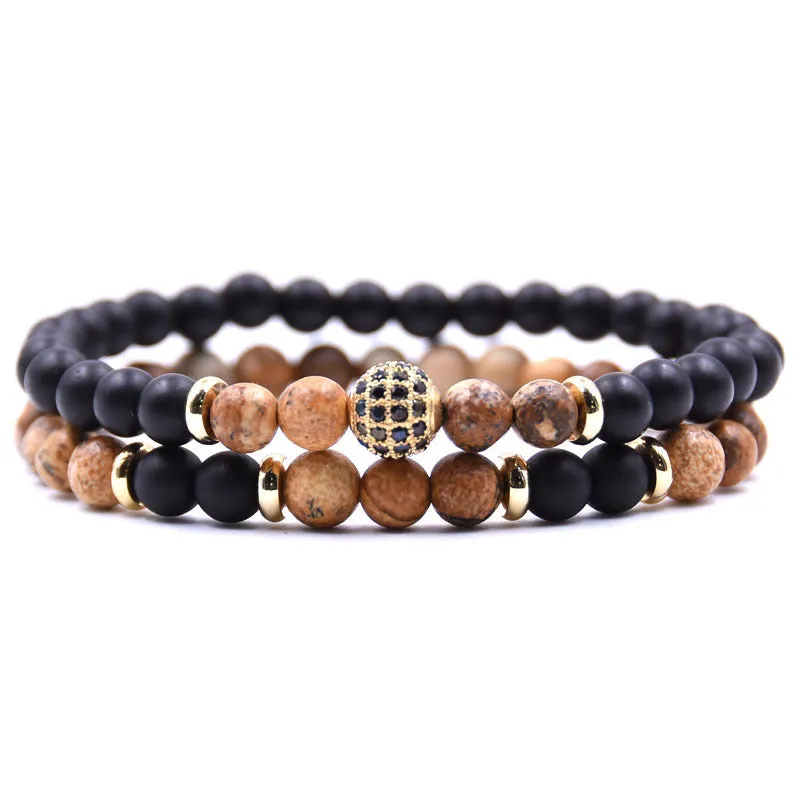 Adjustable beaded cord men bracelet set in multiple colours: black, blue, brown, gray, tigereye, volcanic rocks, white dot