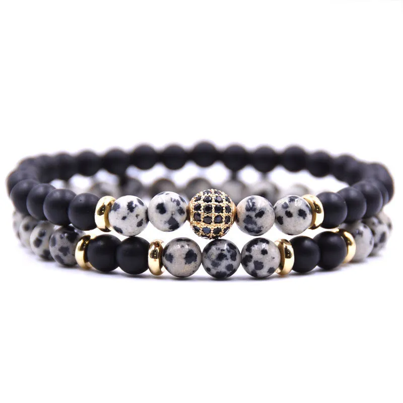 Adjustable beaded cord men bracelet set in multiple colours: black, blue, brown, gray, tigereye, volcanic rocks, white dot