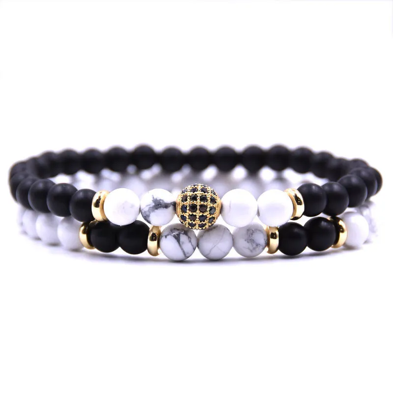 Adjustable beaded cord men bracelet set in multiple colours: black, blue, brown, gray, tigereye, volcanic rocks, white dot