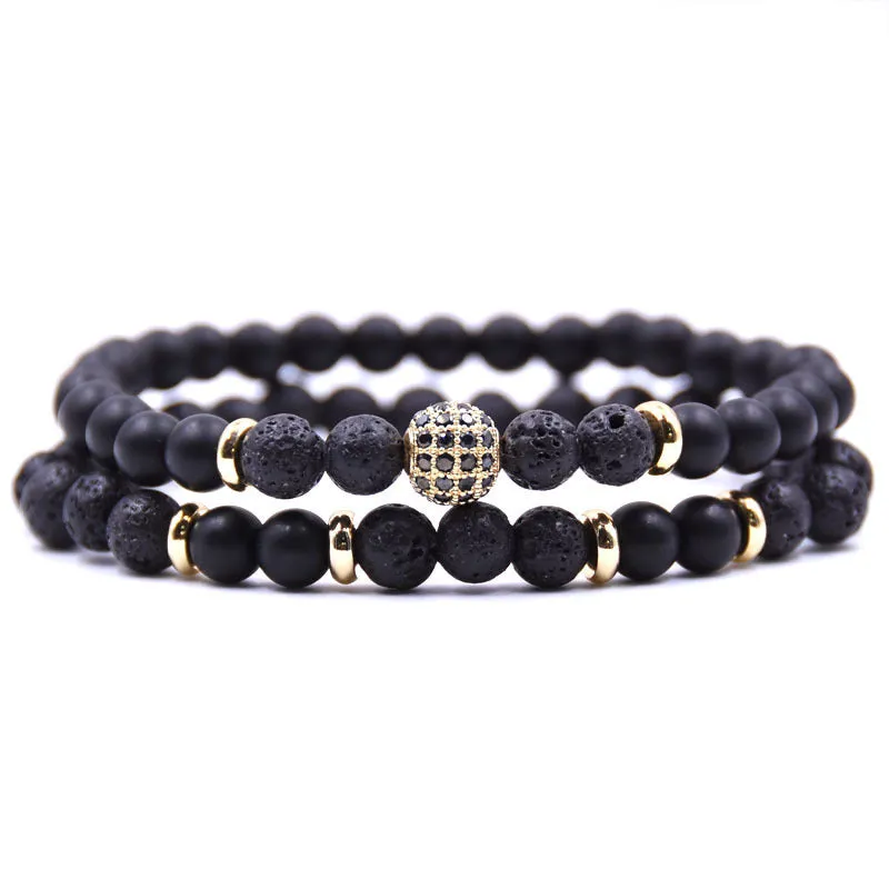 Adjustable beaded cord men bracelet set in multiple colours: black, blue, brown, gray, tigereye, volcanic rocks, white dot