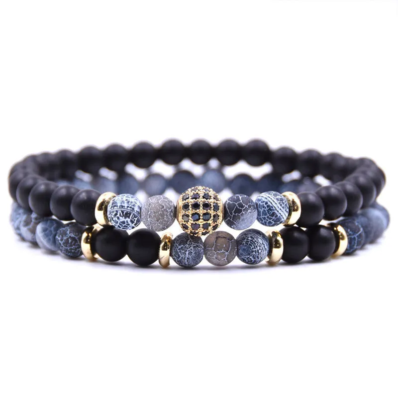 Adjustable beaded cord men bracelet set in multiple colours: black, blue, brown, gray, tigereye, volcanic rocks, white dot