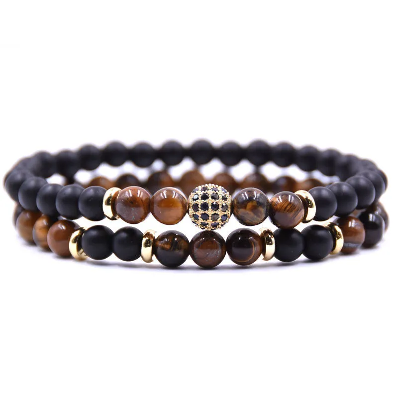 Adjustable beaded cord men bracelet set in multiple colours: black, blue, brown, gray, tigereye, volcanic rocks, white dot