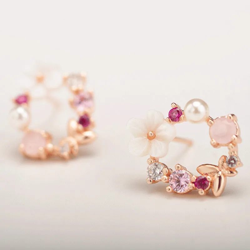 Sweet flower earrings for women alloy rhinestone blue