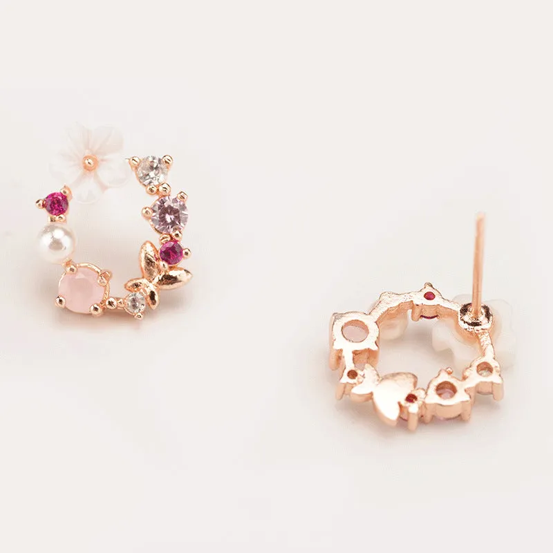 Sweet flower earrings for women alloy rhinestone blue