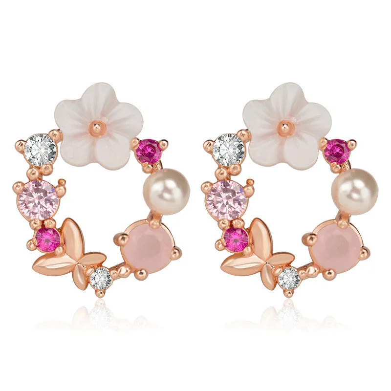 Sweet flower earrings for women alloy rhinestone blue
