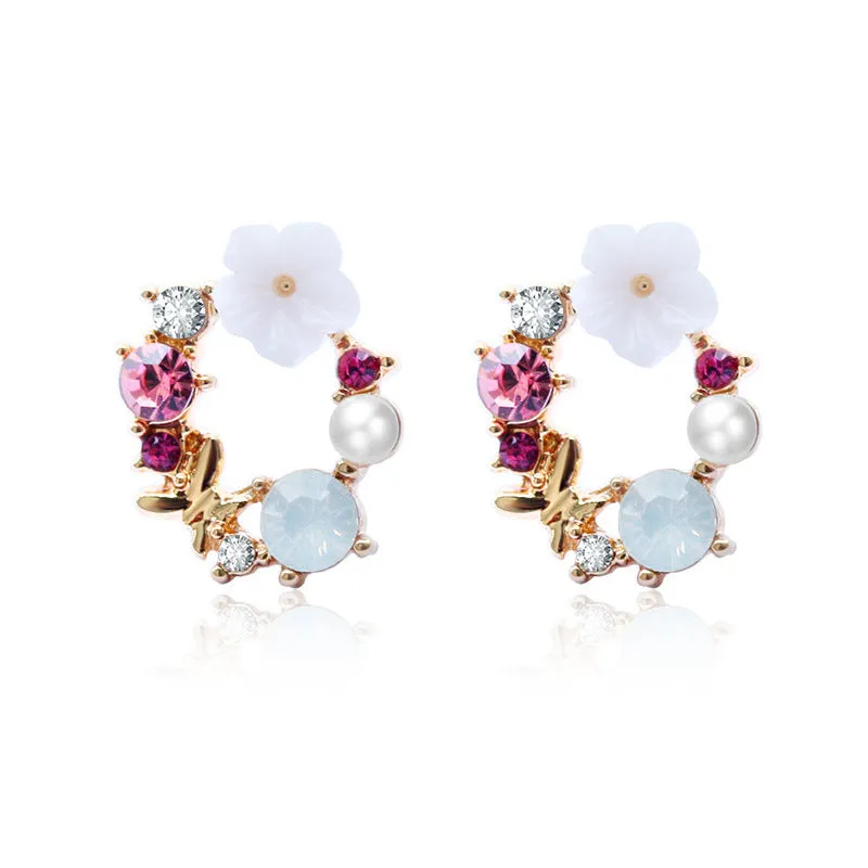 Sweet flower earrings for women alloy rhinestone blue