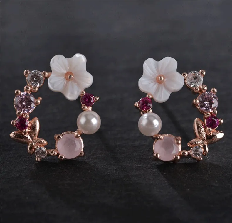 Sweet flower earrings for women alloy rhinestone blue