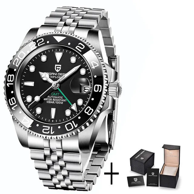 Men's calendar luminous GMT watch with stainless steel bracelet and black dial