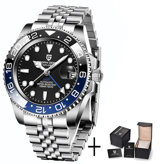 Men's calendar luminous GMT watch with stainless steel bracelet and black dial