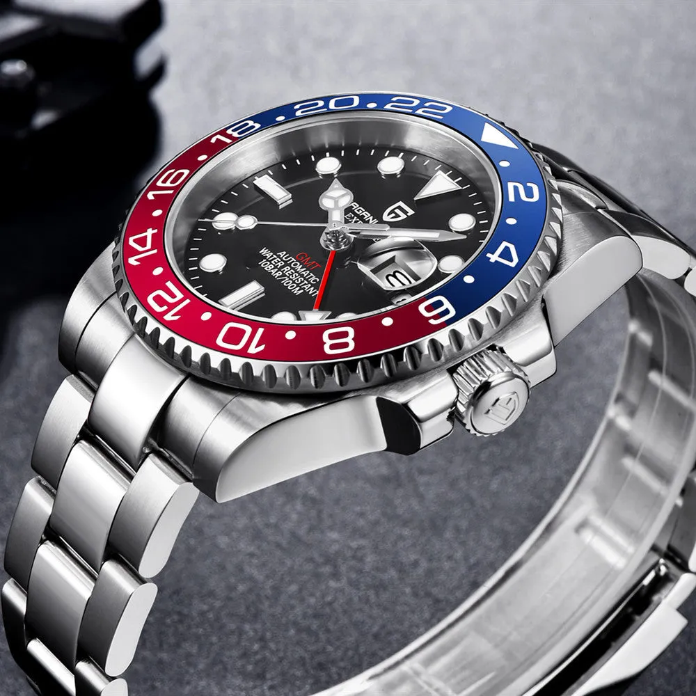 Men's calendar luminous GMT watch with stainless steel bracelet and black dial