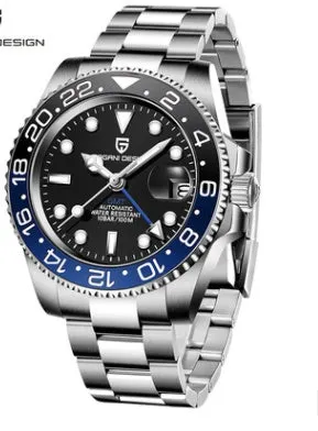 Men's calendar luminous GMT watch with stainless steel bracelet and black dial