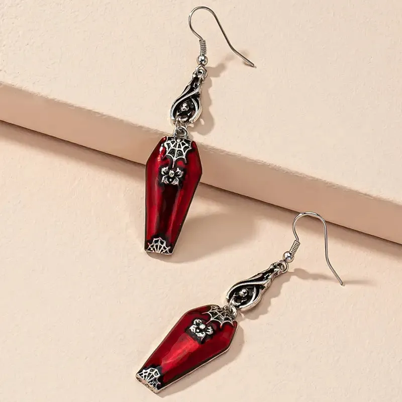 Red bat and spider retro drop earrings on alloy metal for Halloween