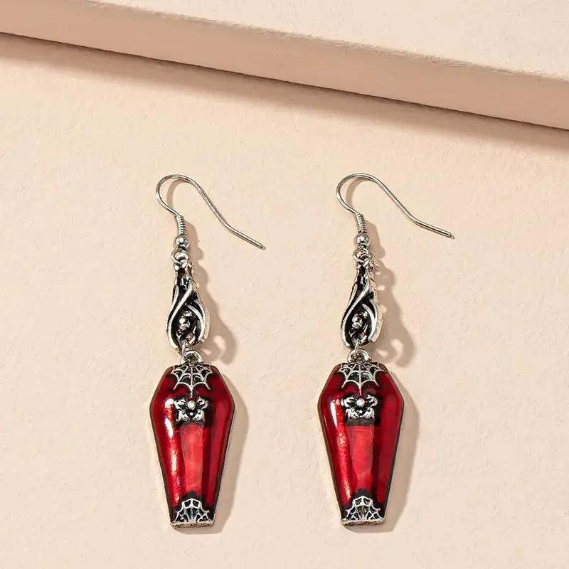 Red bat and spider retro drop earrings on alloy metal for Halloween