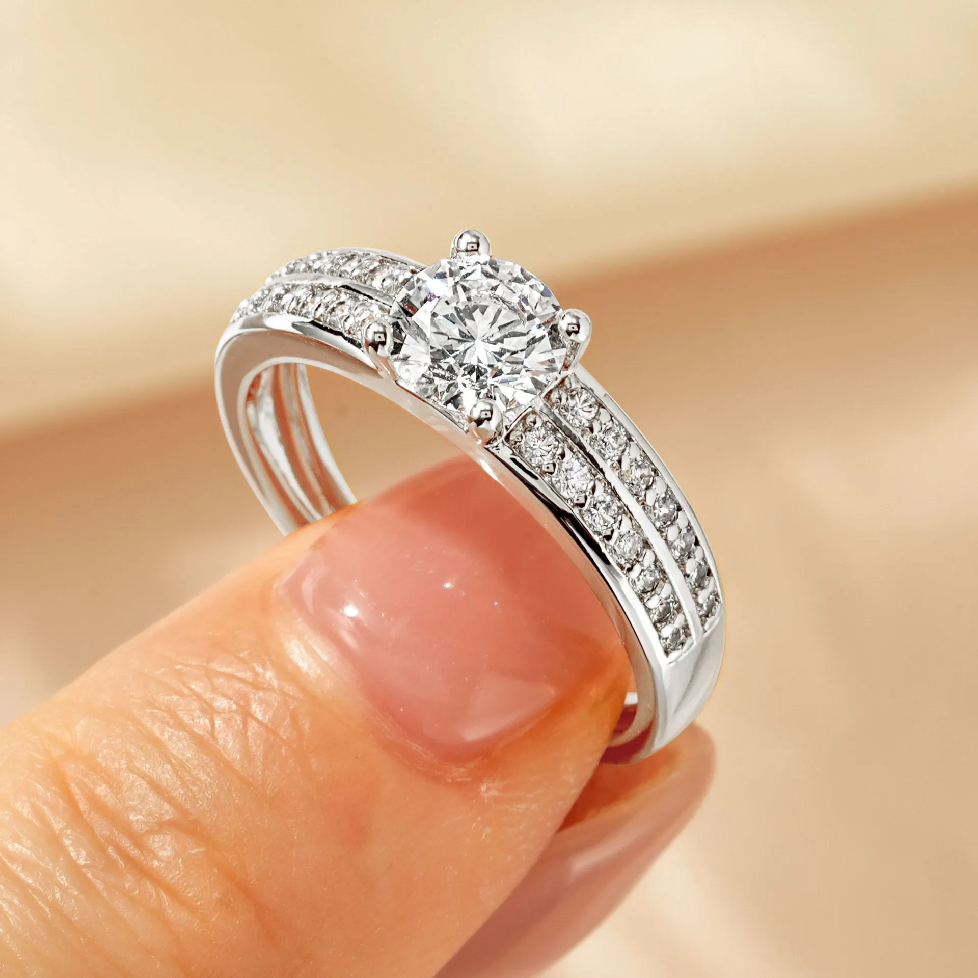 Women's electroplated zircon ring in heart, split, or star design on a copper base, shown in K white or K yellow gold colour.