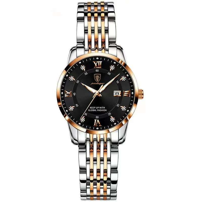 Women's waterproof luminous quartz watch with sapphire crystal glass mirror, stainless steel strap, and butterfly buckle on white background