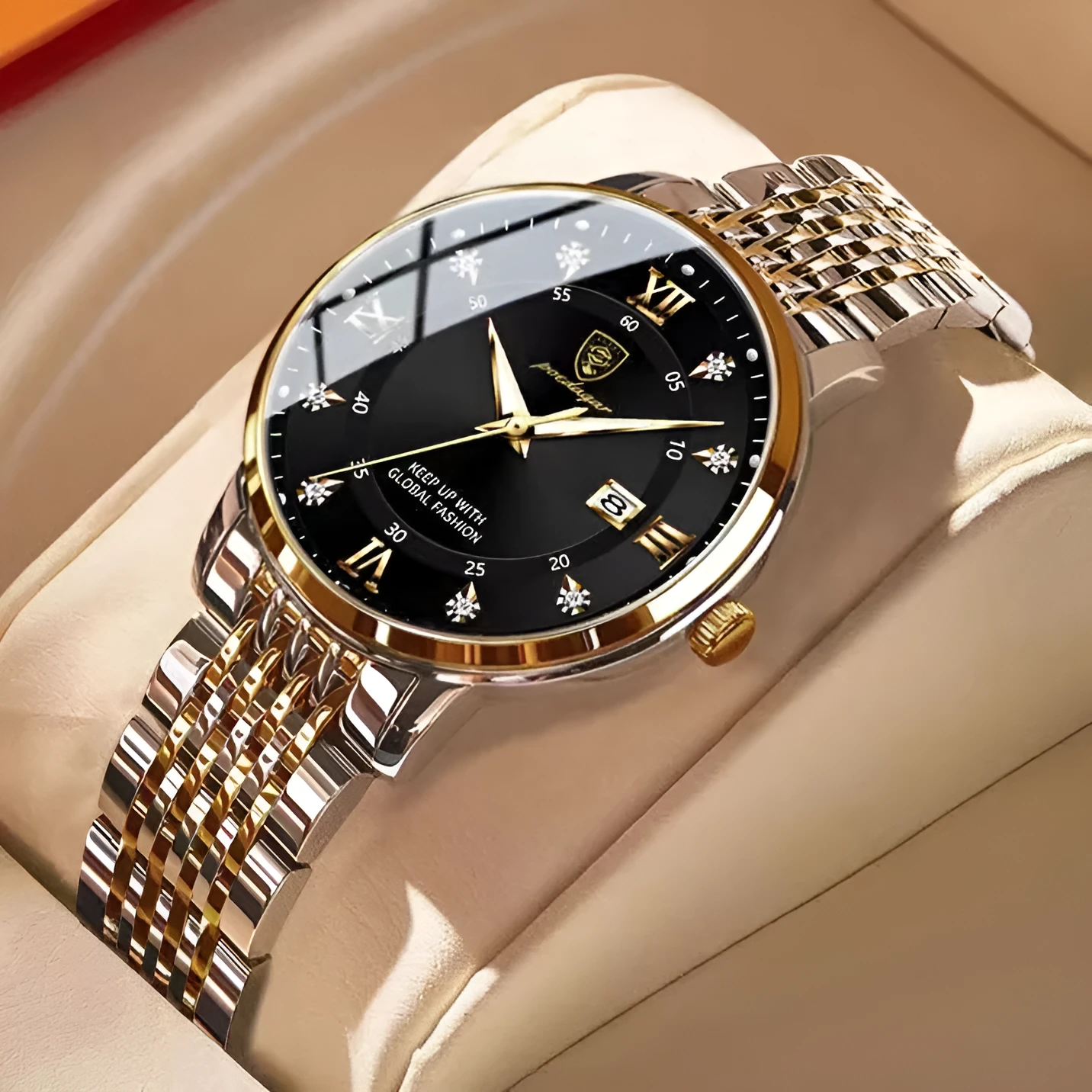 Women's waterproof luminous quartz watch with sapphire crystal glass mirror, stainless steel strap, and butterfly buckle on white background