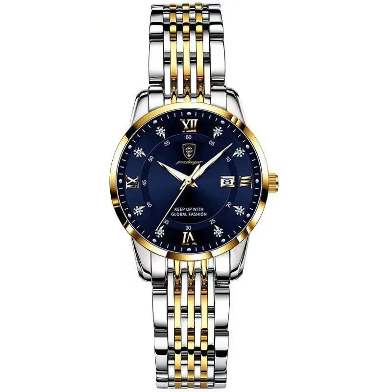 Women's waterproof luminous quartz watch with sapphire crystal glass mirror, stainless steel strap, and butterfly buckle on white background