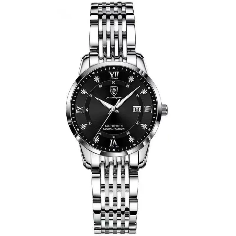 Women's waterproof luminous quartz watch with sapphire crystal glass mirror, stainless steel strap, and butterfly buckle on white background