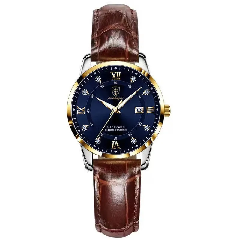 Women's waterproof luminous quartz watch with sapphire crystal glass mirror, stainless steel strap, and butterfly buckle on white background