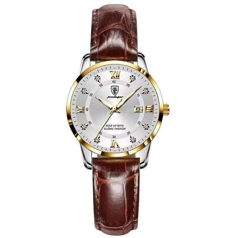 Women's waterproof luminous quartz watch with sapphire crystal glass mirror, stainless steel strap, and butterfly buckle on white background