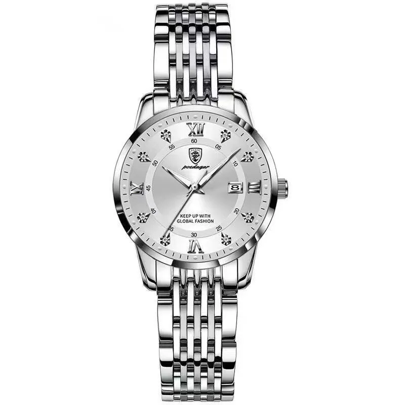Women's waterproof luminous quartz watch with sapphire crystal glass mirror, stainless steel strap, and butterfly buckle on white background