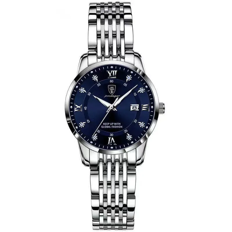 Women's waterproof luminous quartz watch with sapphire crystal glass mirror, stainless steel strap, and butterfly buckle on white background