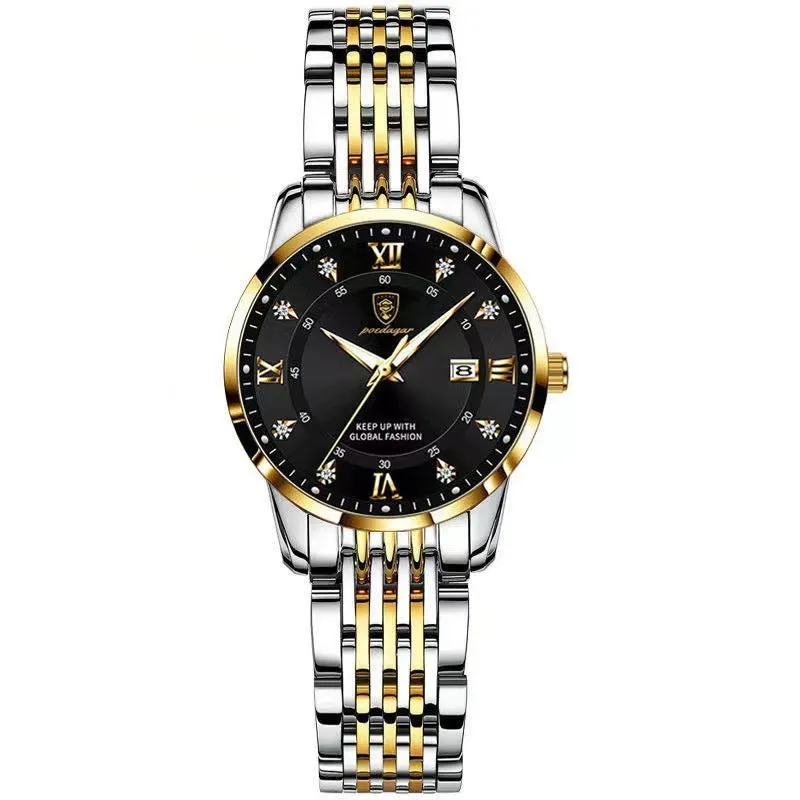 Women's waterproof luminous quartz watch with sapphire crystal glass mirror, stainless steel strap, and butterfly buckle on white background