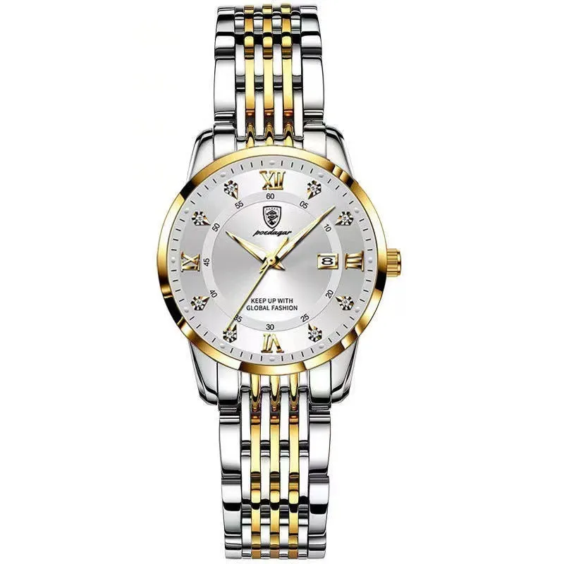 Women's waterproof luminous quartz watch with sapphire crystal glass mirror, stainless steel strap, and butterfly buckle on white background