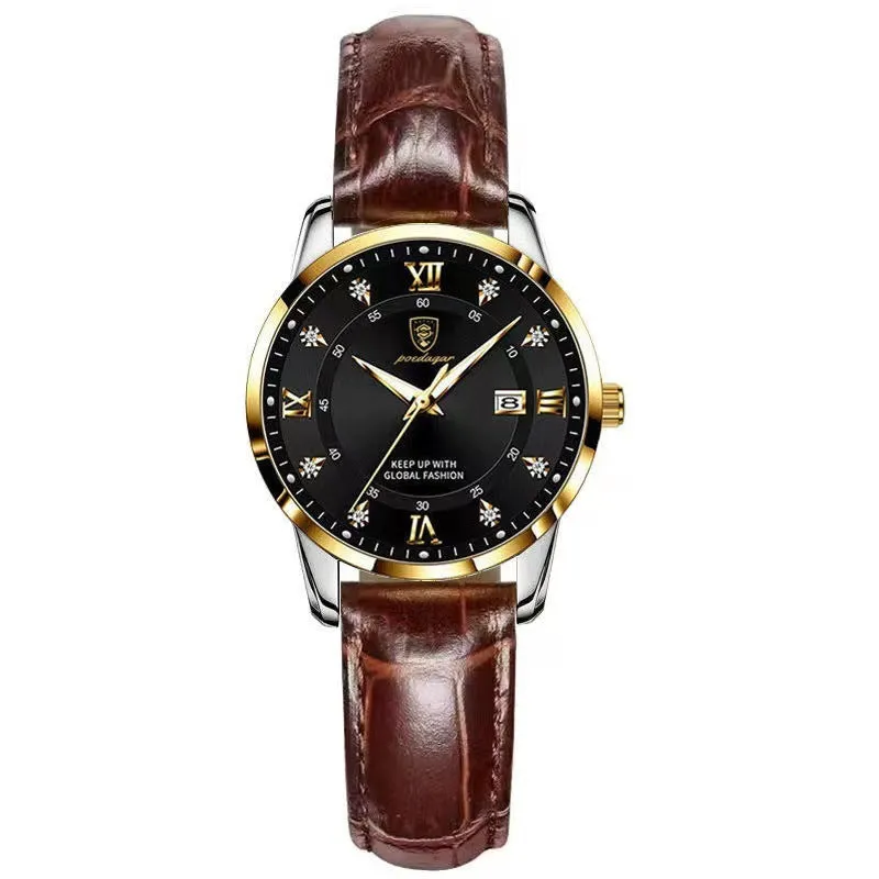 Women's waterproof luminous quartz watch with sapphire crystal glass mirror, stainless steel strap, and butterfly buckle on white background