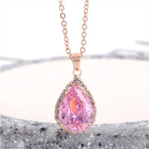 Women's drop shape necklace with geometric rhinestone pendant in multiple colour options