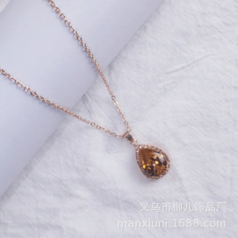 Women's drop shape necklace with geometric rhinestone pendant in multiple colour options