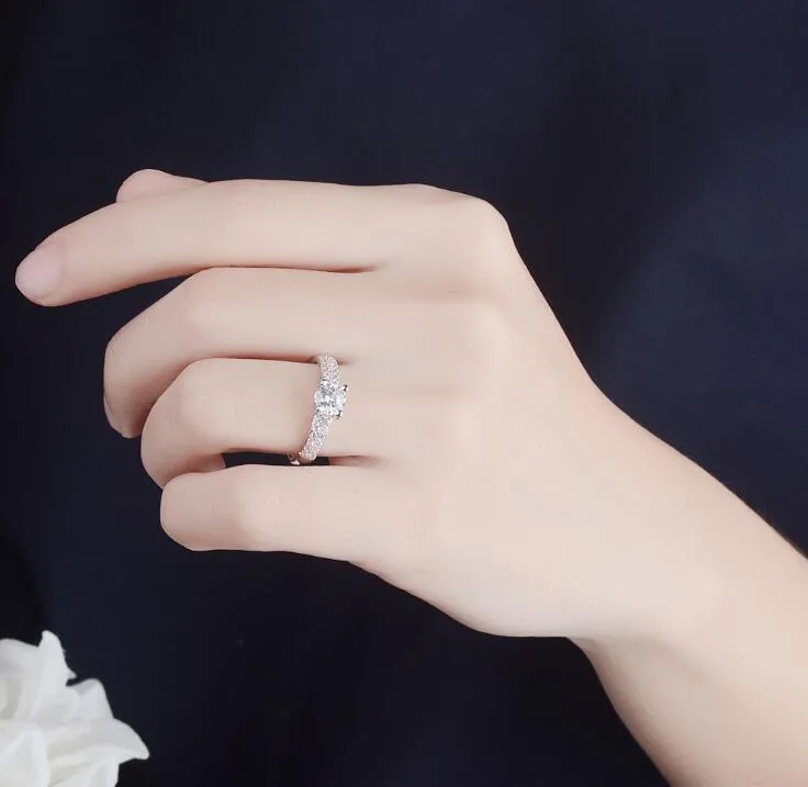 Handmade micro-inlaid zircon wedding ring, white gold colour copper, 7mm stone, 4mm face, US size 6-9