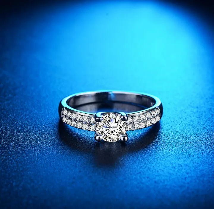 Handmade micro-inlaid zircon wedding ring, white gold colour copper, 7mm stone, 4mm face, US size 6-9