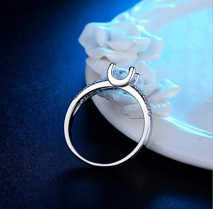 Handmade micro-inlaid zircon wedding ring, white gold colour copper, 7mm stone, 4mm face, US size 6-9