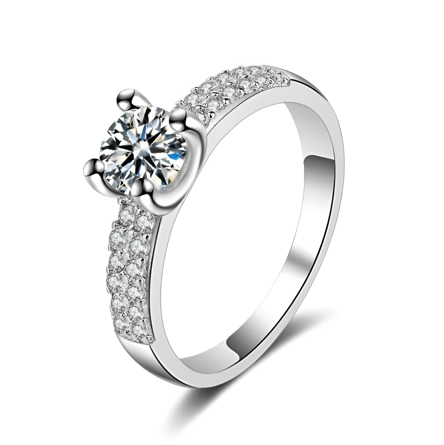 Handmade micro-inlaid zircon wedding ring, white gold colour copper, 7mm stone, 4mm face, US size 6-9