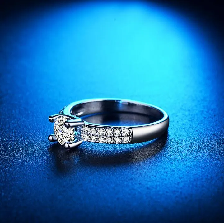 Handmade micro-inlaid zircon wedding ring, white gold colour copper, 7mm stone, 4mm face, US size 6-9