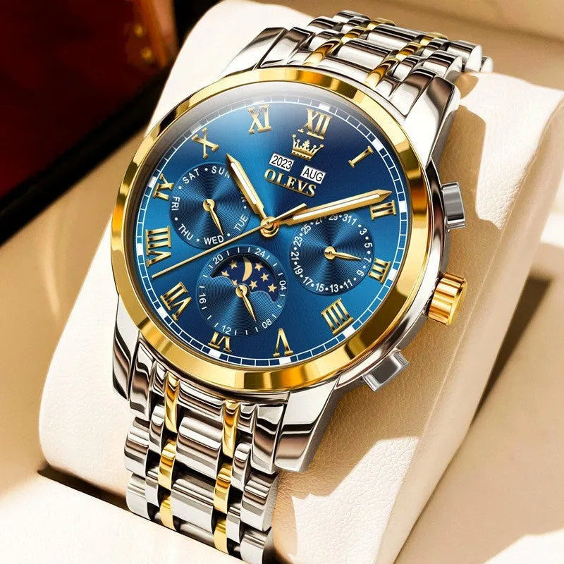 Men's multifunctional moon phase automatic mechanical watch with stainless steel seven beads bracelet, 30m waterproof, black dial