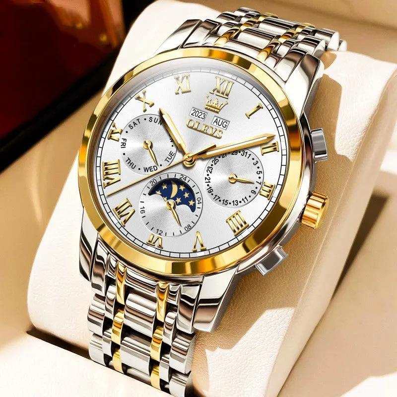 Men's multifunctional moon phase automatic mechanical watch with stainless steel seven beads bracelet, 30m waterproof, black dial