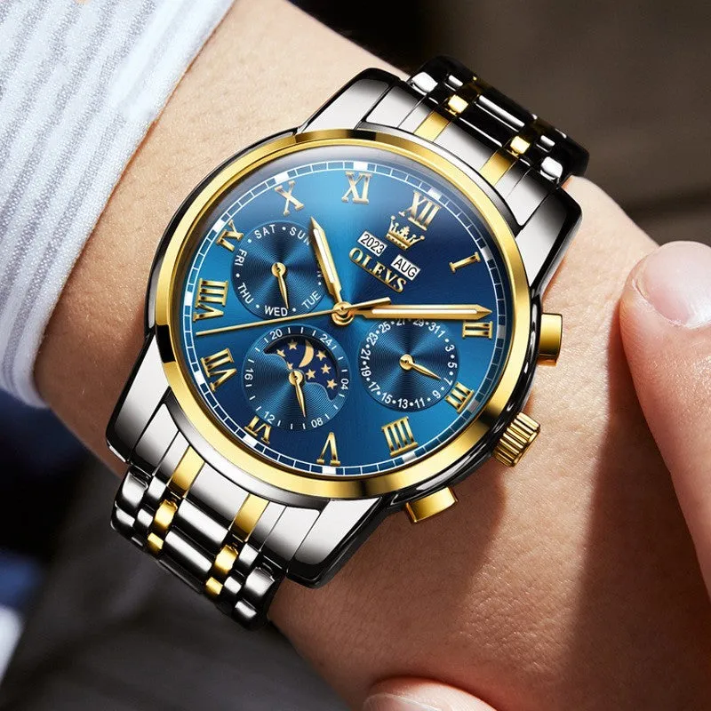 Men's multifunctional moon phase automatic mechanical watch with stainless steel seven beads bracelet, 30m waterproof, black dial
