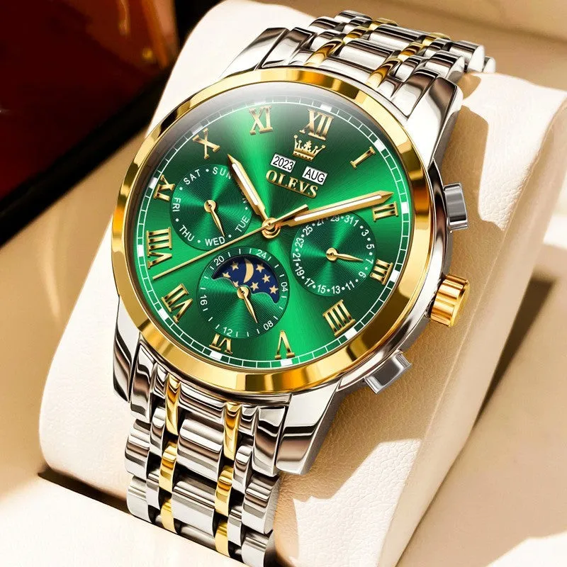 Men's multifunctional moon phase automatic mechanical watch with stainless steel seven beads bracelet, 30m waterproof, black dial