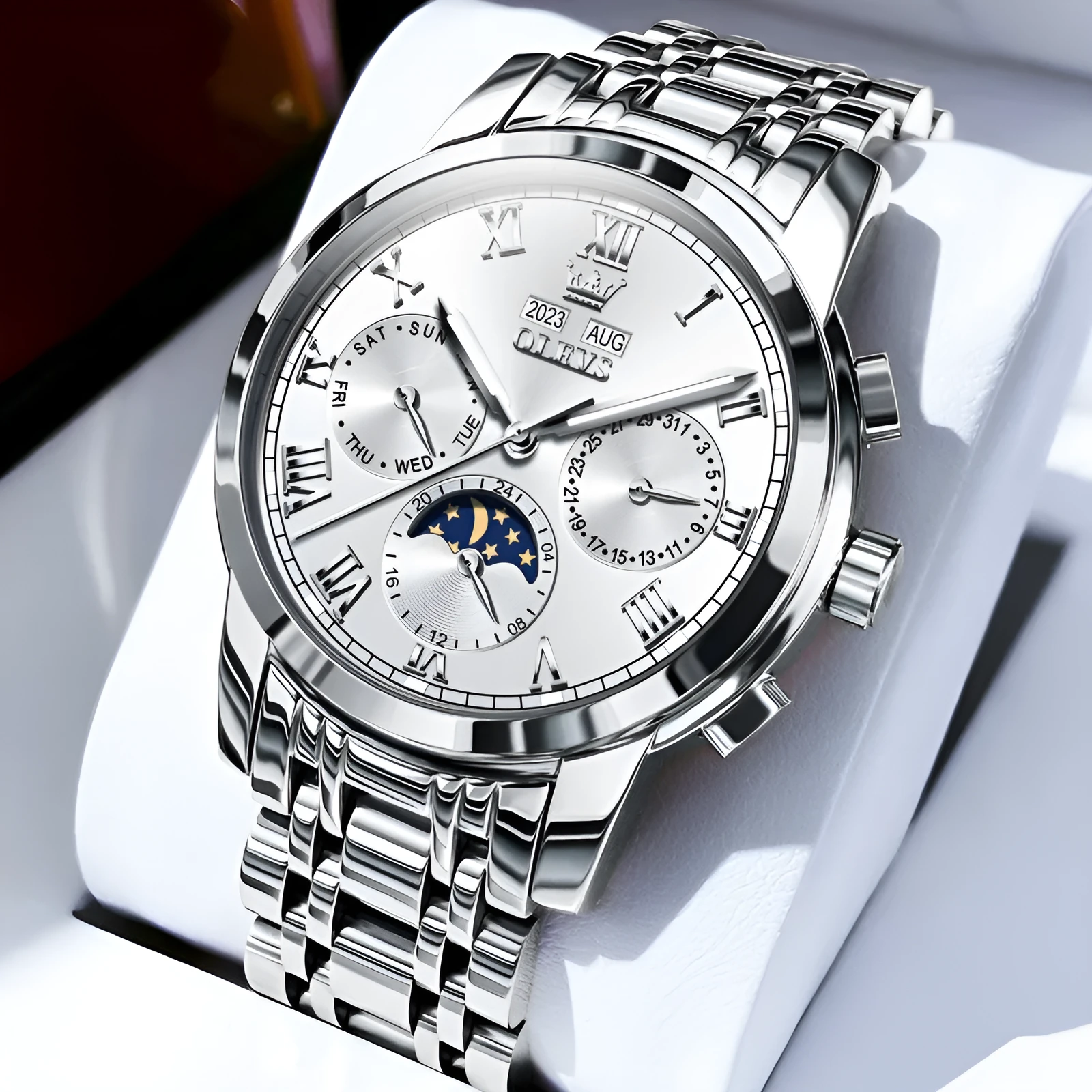 Men's multifunctional moon phase automatic mechanical watch with stainless steel seven beads bracelet, 30m waterproof, black dial