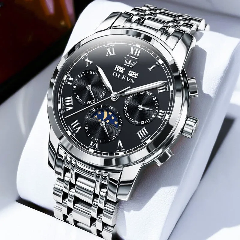Men's multifunctional moon phase automatic mechanical watch with stainless steel seven beads bracelet, 30m waterproof, black dial