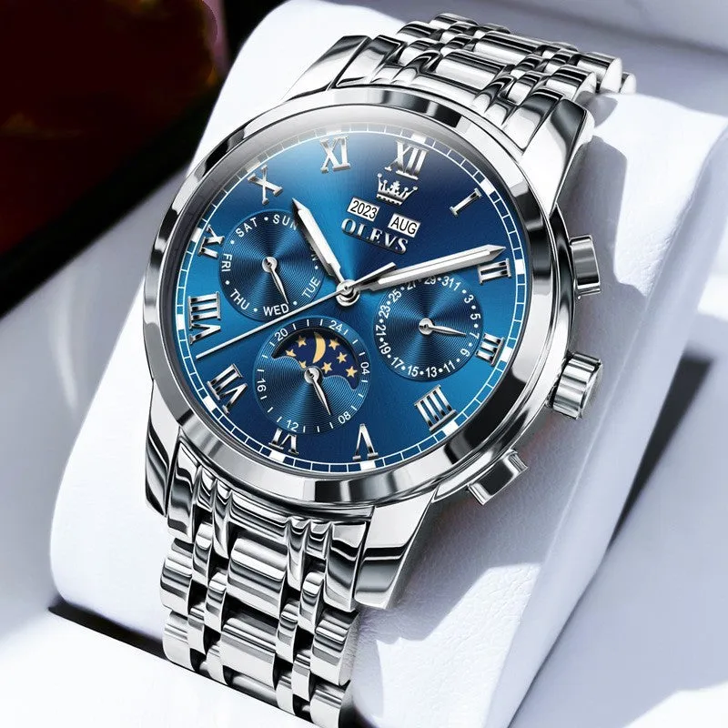 Men's multifunctional moon phase automatic mechanical watch with stainless steel seven beads bracelet, 30m waterproof, black dial