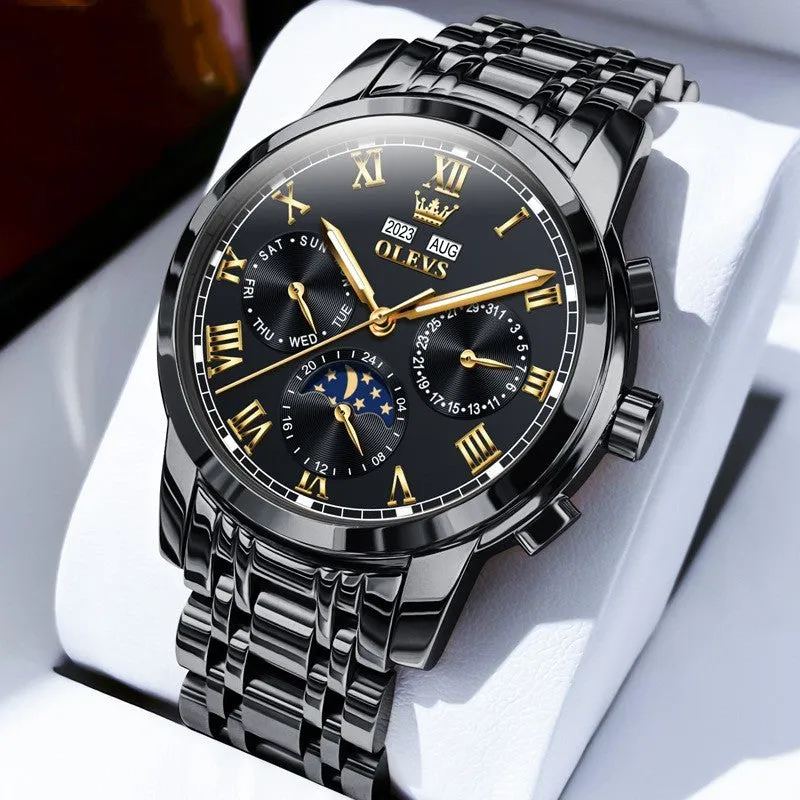 Men's multifunctional moon phase automatic mechanical watch with stainless steel seven beads bracelet, 30m waterproof, black dial